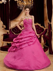 Hot Pink Appliqued Strapless Full-length Sweet Sixteen Dress with Pick-ups