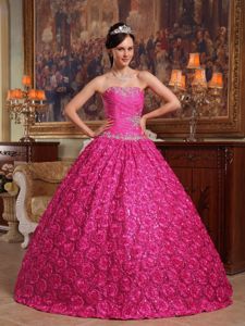 Hot Pink Beaded Strapless Long Dresses For Quinceanera with Rolling Flowers