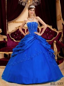 Strapless Blue Long Sweet Sixteen Dress with Pick-ups and Lace Appliques