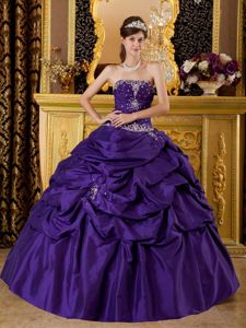 Modest Strapless Purple Long Dress for Quinces with Beading and Pick-ups