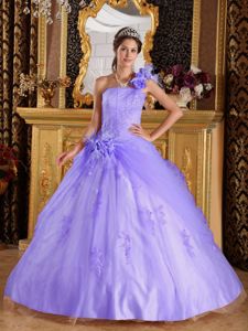 Flowers One Shoulder Lilac Full-length Quinceanera Gowns with Appliques