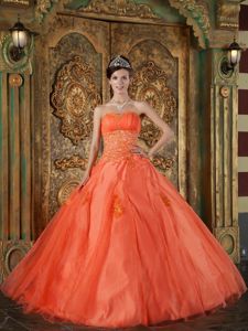 Lace-up Orange Red Full-length Quince Dresses with Appliques in Franklin