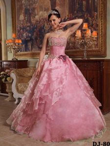 Rose Pink Lace-up Full-length Quince Dresses with Embroidery and Flower