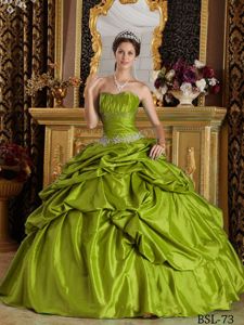 New Olive Green Strapless Long Quinces Dress with Applique and Pick-ups