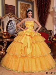 Lovely Gold Beaded Strapless Long Quinces Dresses with Bow and Ruffles