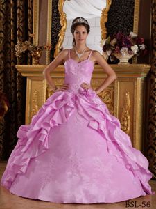 Pink Spaghetti Straps Quinceanera Gowns with Appliques and Pick-ups in Keeston