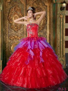 Layered Red Floor-Length Organza Quinceanera Dress with Appliques in Belfast City