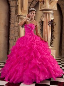 Hot Pink Beaded Sweetheart Dress for Quince with Ruffles in New Zealand