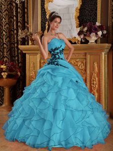 Sweetheart Appliqued Floor-Length Quince Dress with Ruffles in Aqua Blue in L.A.