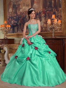 Apple Green Strapless Floor-length Quinceanera Dress with Pick-ups and Flowers