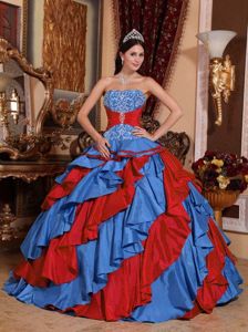 Ruffled Blue and Red Strapless Sweet Sixteen Quinceanera Dress in Bloomington