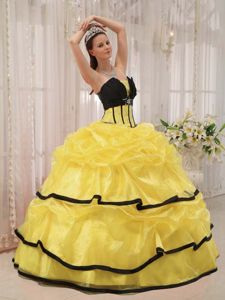 Strapless Floor-length Yellow and Black Quinceanera Gown Dress with Pick-ups