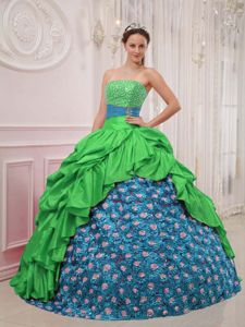Green and Blue Strapless Floor-length Quince Dresses with Beading and Flowers