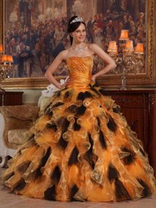 Ruffled Orange and Black Strapless Floor-length Quinceanera Dresses in Culver
