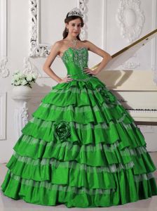 Sweetheart Floor-length Sweet Sixteen Dresses in Green with Ruffles and Flowers