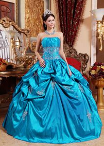 Blue Strapless Princess Quinceanera Gown Dresses with Pick-ups and Appliques