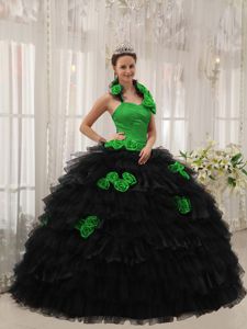 Green and Black Halter Top Quinceanera Gown Dresses with Ruffles and Flowers
