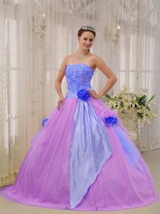 Lilac and Lavender Strapless Floor-length Quince Dress with Beading and Flower