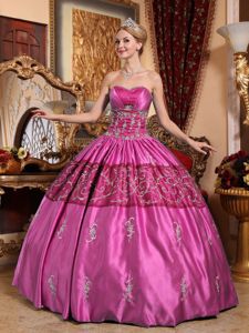 Sweetheart Floor-length Taffeta Quinceanera Dress in Rose Pink with Embroidery