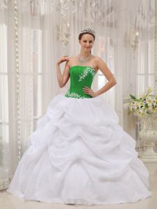 White and Green Princess Strapless Quinceanera Gown with Appliques in Culver