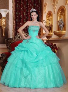 Strapless Floor-length Quince Dresses in Aqua Blue with Appliques and Pick-ups
