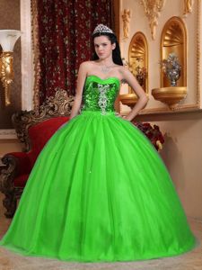 Sweetheart Floor-length Spring Green Quince Dresses with Appliques and Sequins