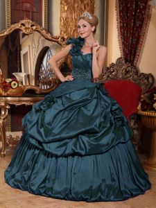 One Shoulder Floor-length Dark Green Dresses For Quinceanera with Pick-ups