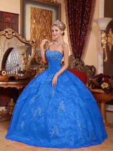 Latest Strapless Princess Sweet 16 Dresses in Blue with Appliques in Gas City