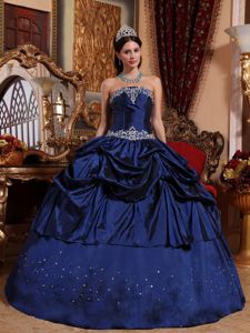 Navy Blue Strapless Floor-length Quince Dresses with Pick-ups and Appliques