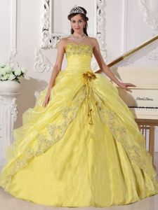 Nice Yellow Strapless Sweet Sixteen Quinceanera Dress with Appliques in Gary
