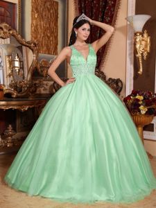 V-neck Apple Green Sweet Sixteen Quinceanera Dress with Beading in Cascade