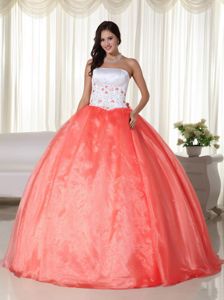 Orange Red Strapless Floor-length Quinceanera Gowns with Appliques in Hull
