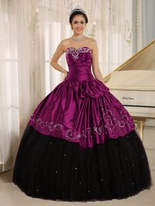 Black and Fuchsia Quinceanera Dress with Embroidery and Ruches in Carroll