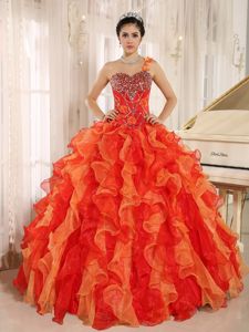 Ruffled One Shoulder Beading Orange Red Quinceanera Gowns with Beading