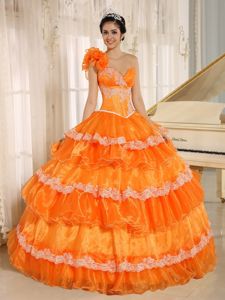 Orange One Shoulder Floor-length Quinceanera Gown Dresses with Appliques