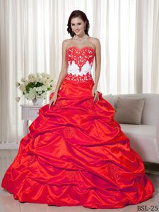 Most Popular A-line Appliqued Red and Whitequince Dress with Pick-ups