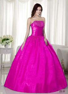 Affordable Strapless Beaded Fuchsia Quinceanera Gown Dress for Wholesale