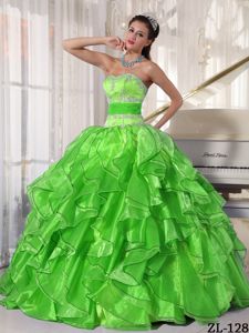 Ruffled Appliqued Spring Green Quinceanera Gown in Tiquipaya Bolivia