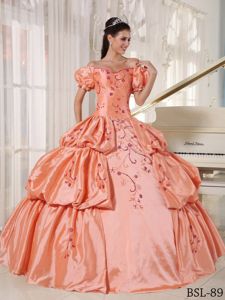 Cinderella Off The Shoulder Orange Red Quince Dresses with Embroidery