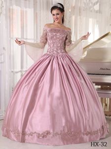 Off The Shoulder Baby Pink Appliqued Quince Dress with Flounced Long Sleeves