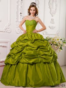 2013 Modest Pick-ups Beaded Olive Green Quince Dresses Free Shipping
