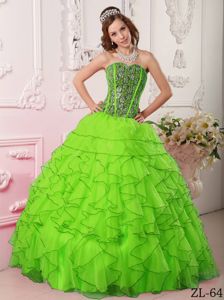 New Spring Green Ruffled Beaded Quinceanera Gown Dresses in Organza