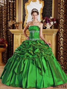 High End Pick-ups Appliqued Green Taffeta Quince Dresses Fast Shipping