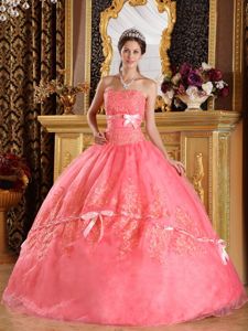 Noble Appliqued Watermelon Quince Dresses with Bow for a Cheap Price