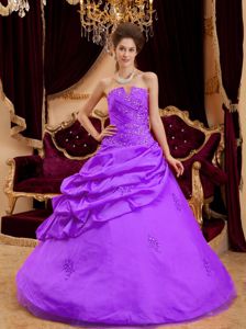 Slot Neck Pick-ups Appliqued Quinceanera Gown Dresses Online in Purple