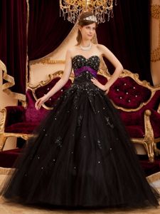 Attractive Tulle Floor-length Beaded Black Quince Dresses Fast Shipping