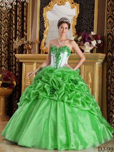 White and Spring Green Sweet Sixteen Dress with Flowers and Pick-ups