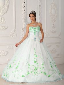 White Strapless Satin and Organza Embroidered Quinceanera Dress in Racine