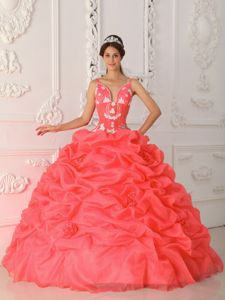 Coral Red Satin and Organza Quinceanera Dress with Appliques in Wausau