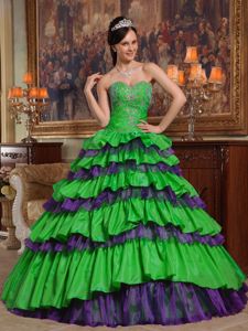 Green Floor-length Taffeta and Organza Beaded Quinceanera Dress in Chantilly